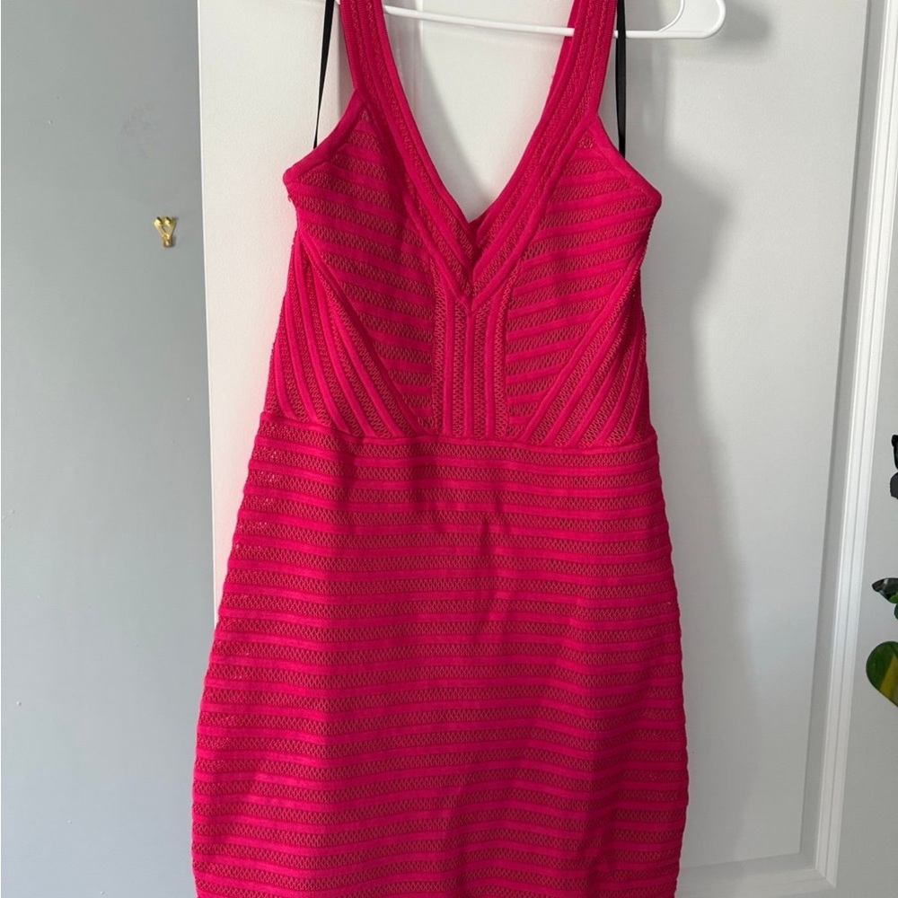 bebe V-Neck Textured Mini Dress in Fuchsia